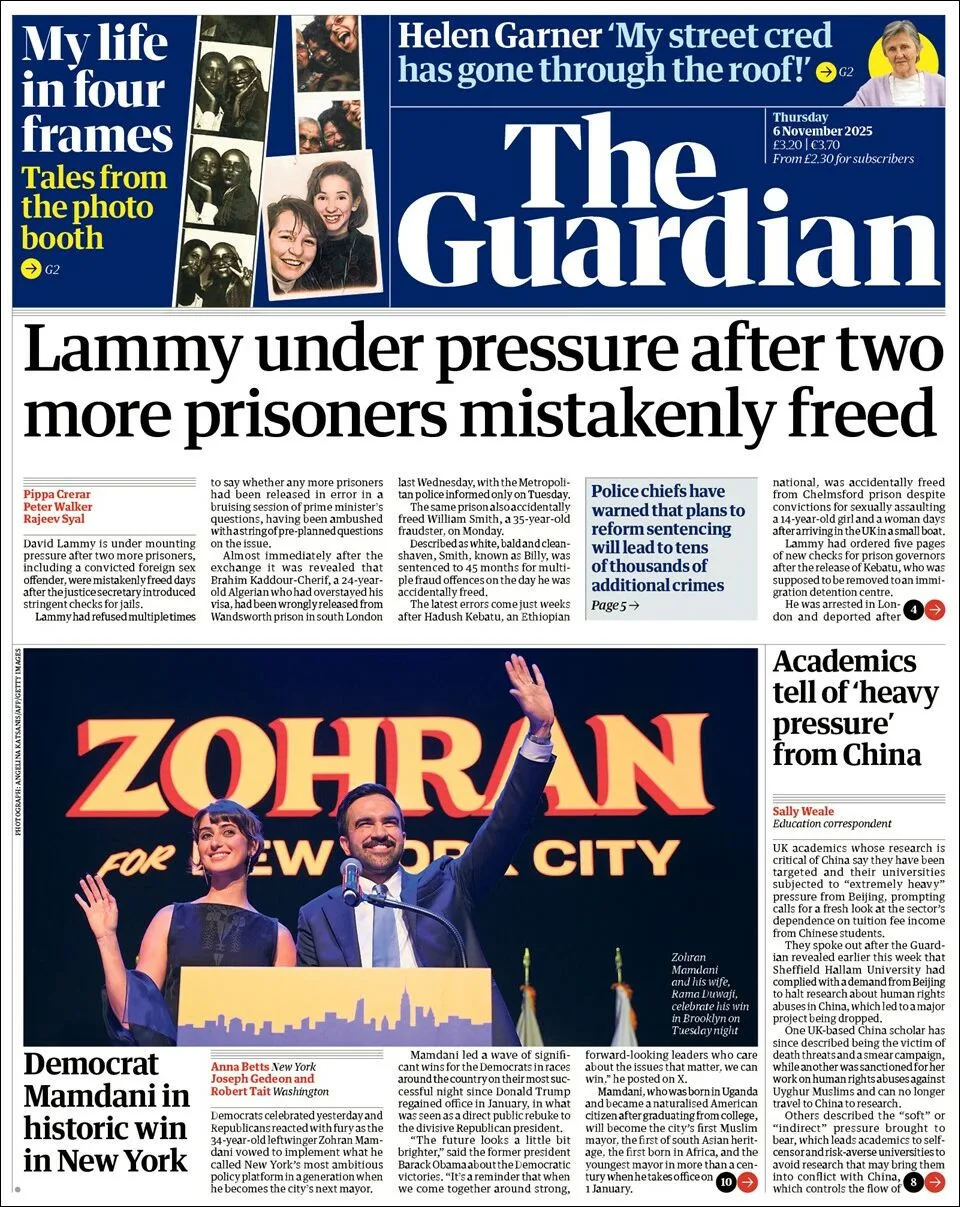 Portada de The Guardian (reino Unido) del jueves, 6 de noviembre de 2025