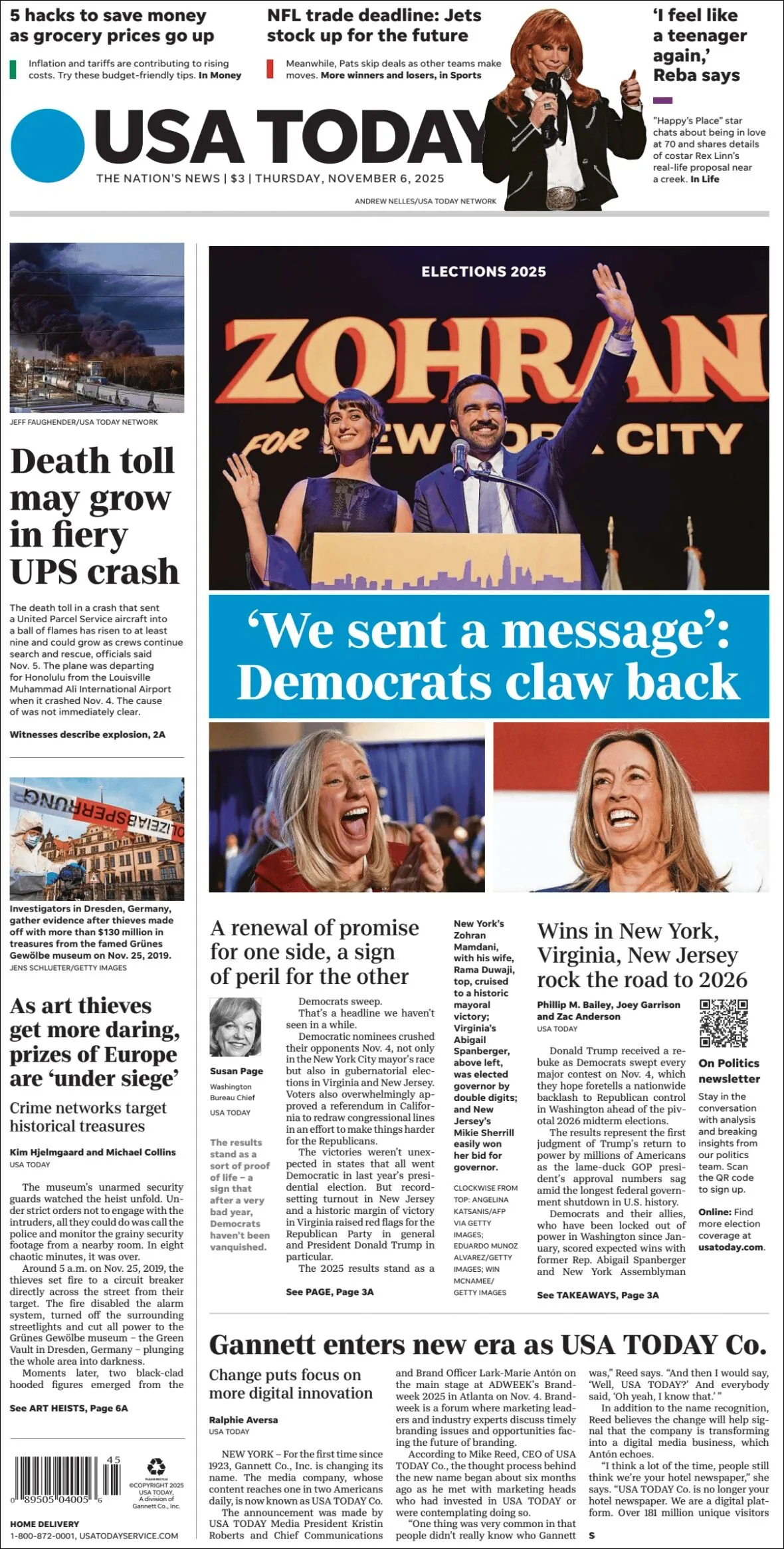 Portada de Usa Today del jueves, 6 de noviembre de 2025