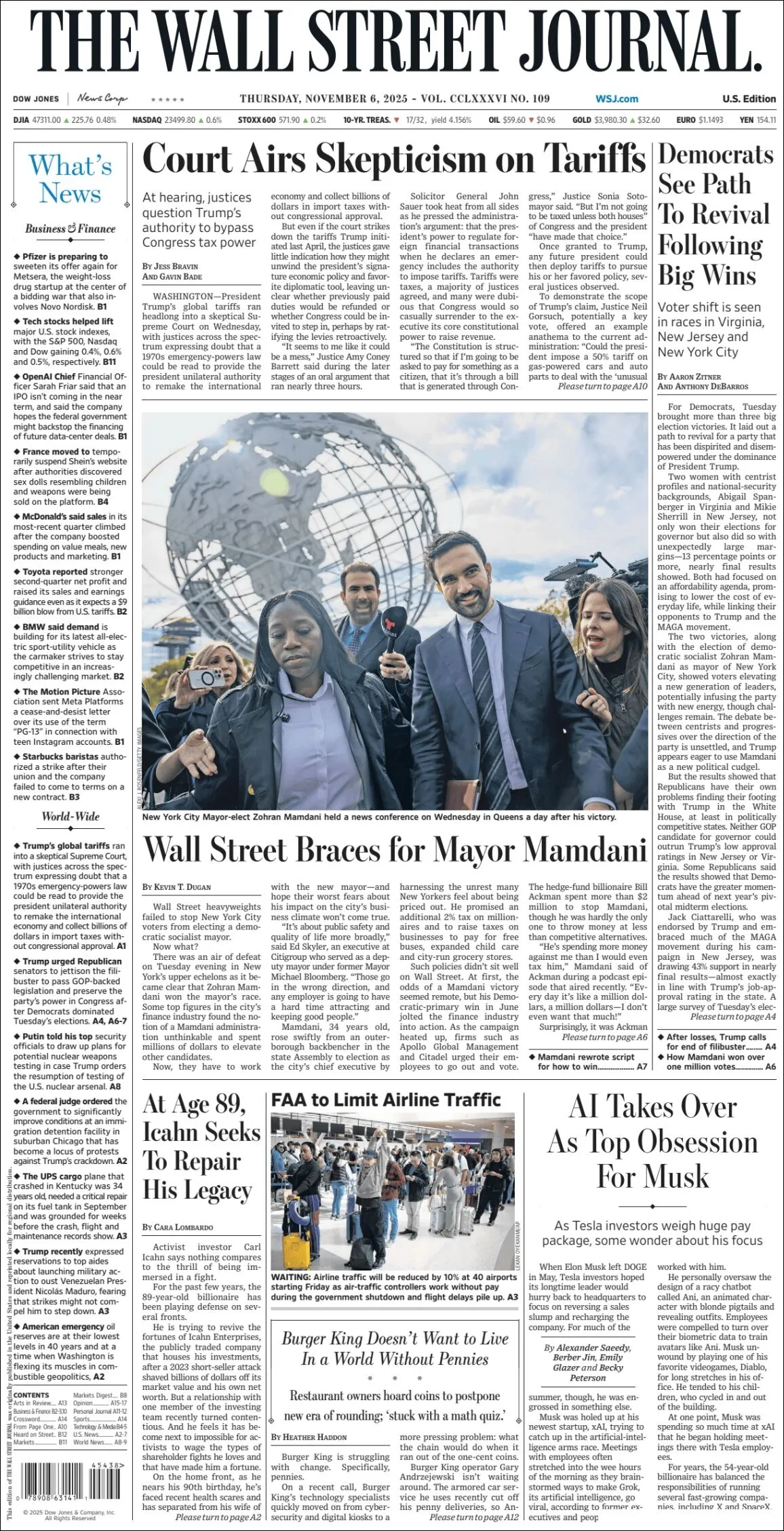 Portada de The Wall Street Journal del jueves, 6 de noviembre de 2025