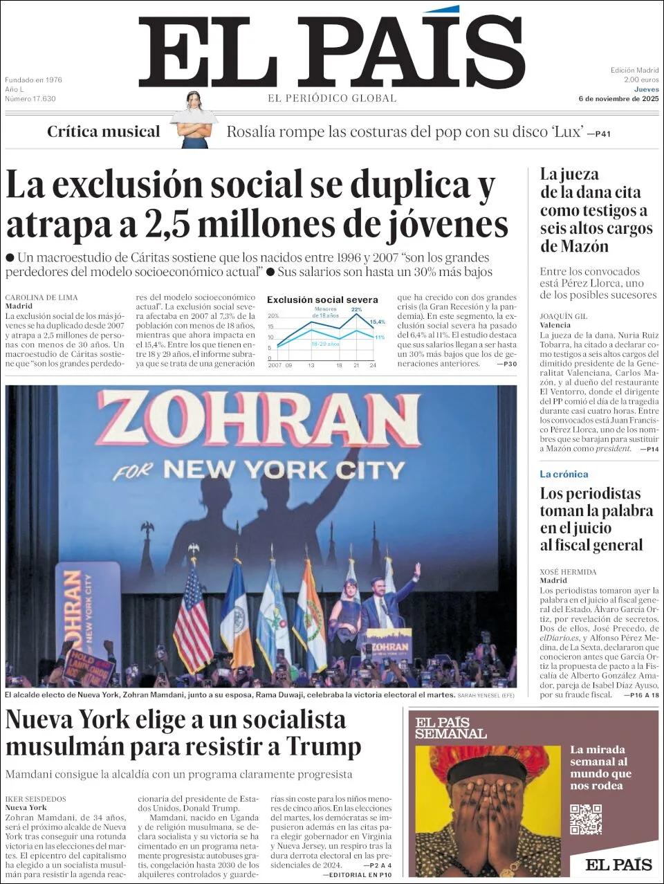 Portada de El Pais del jueves, 6 de noviembre de 2025