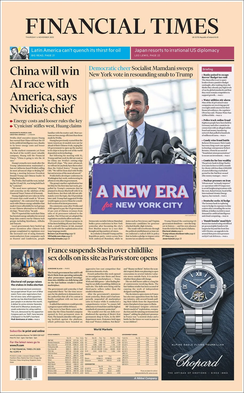 Portada de Financial Times del jueves, 6 de noviembre de 2025