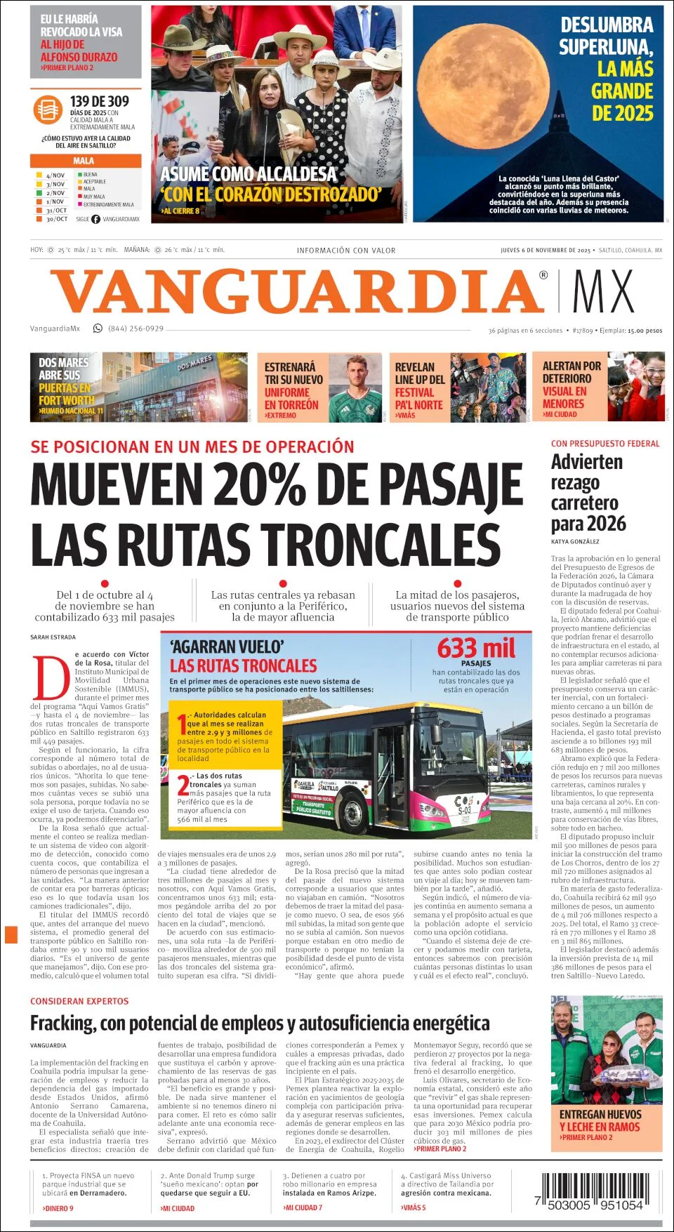 Portada de Vanguardia del jueves, 6 de noviembre de 2025