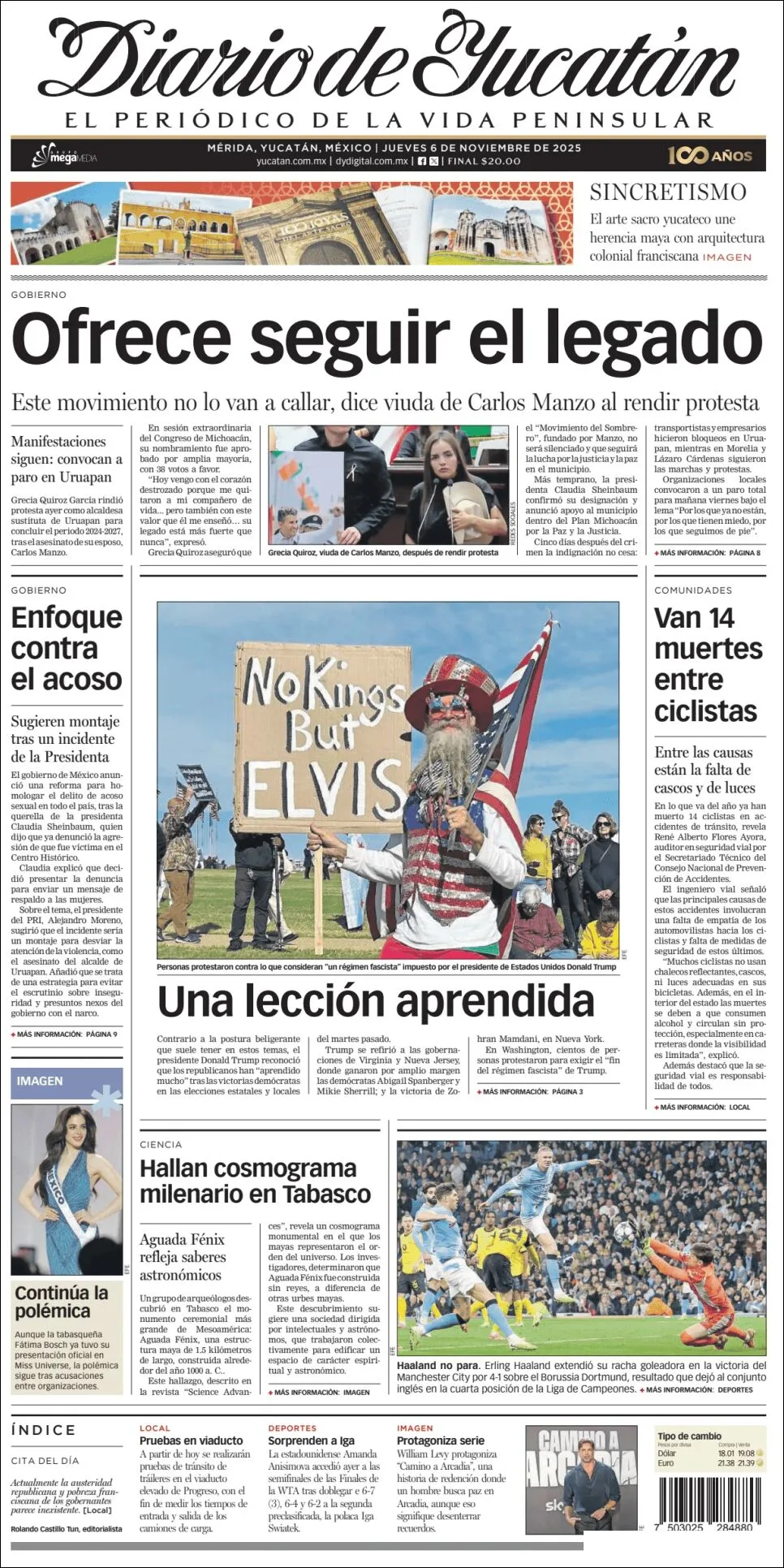 Portada de Diario de Yucatán del jueves, 6 de noviembre de 2025