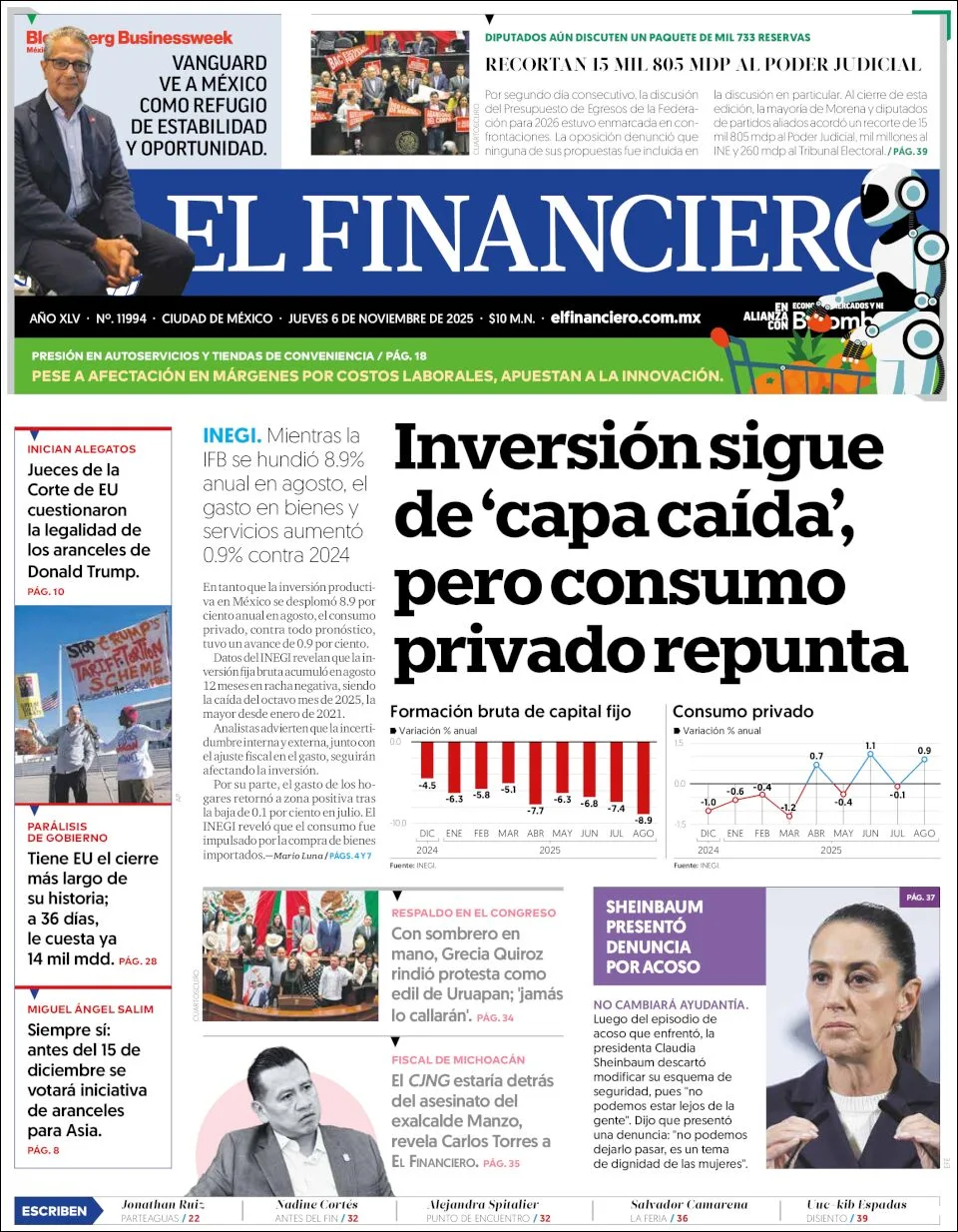 Portada de El Financiero del jueves, 6 de noviembre de 2025