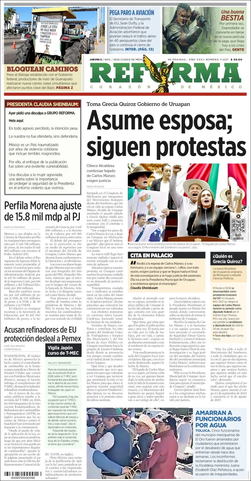 Portada de Reforma del jueves, 6 de noviembre de 2025