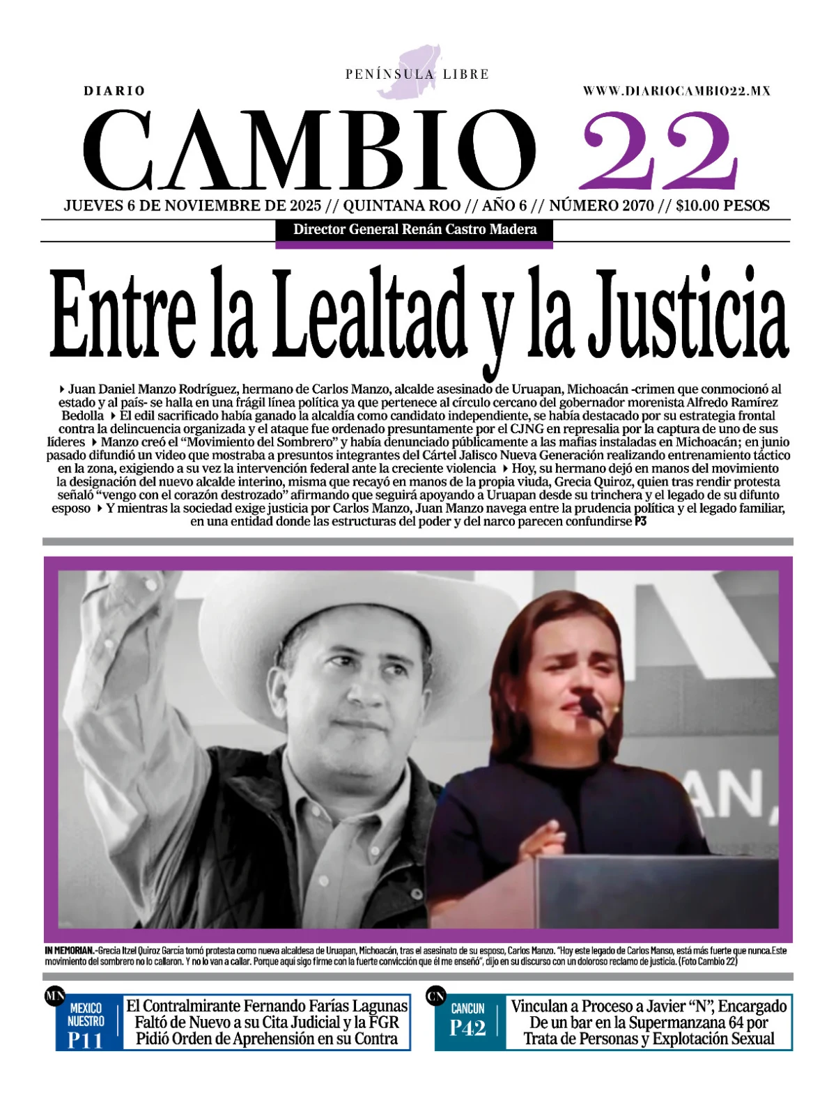 Portada de Diario Cambio 22 (portada) del jueves, 6 de noviembre de 2025
