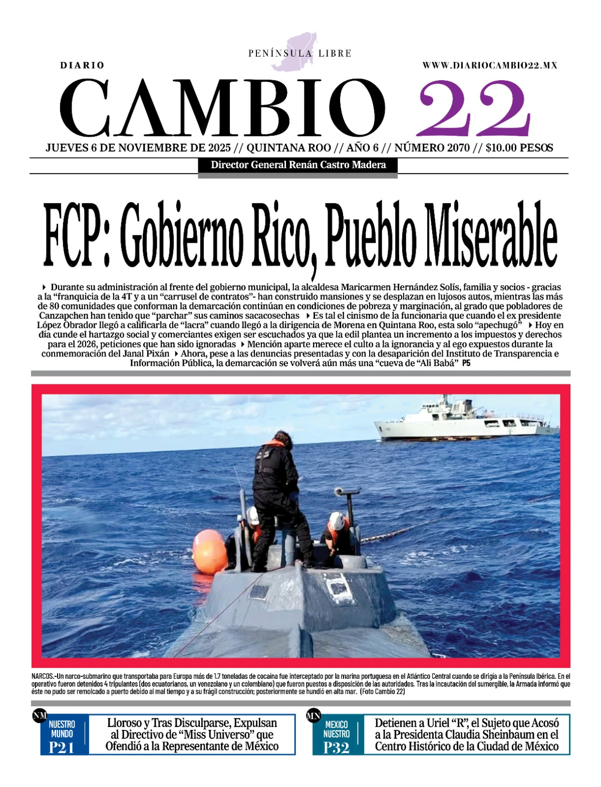 Portada de Diario Cambio 22 (contraportada) del jueves, 6 de noviembre de 2025