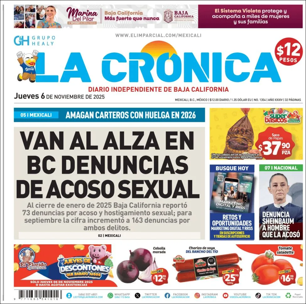 Portada de La Cronica del jueves, 6 de noviembre de 2025