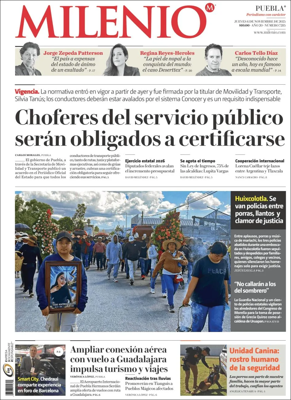 Portada de Milenio Puebla del jueves, 6 de noviembre de 2025