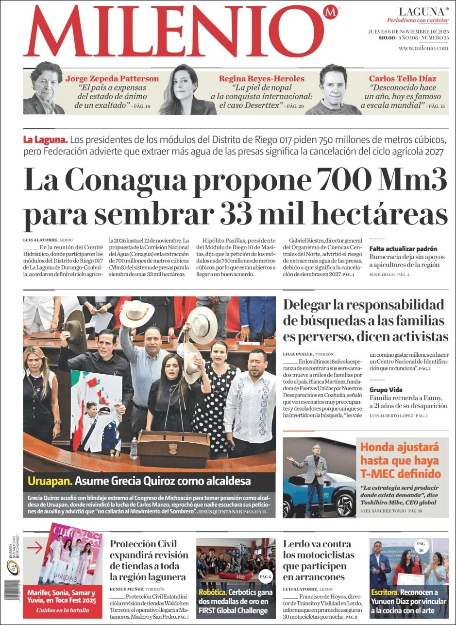 Portada de Milenio Laguna del jueves, 6 de noviembre de 2025