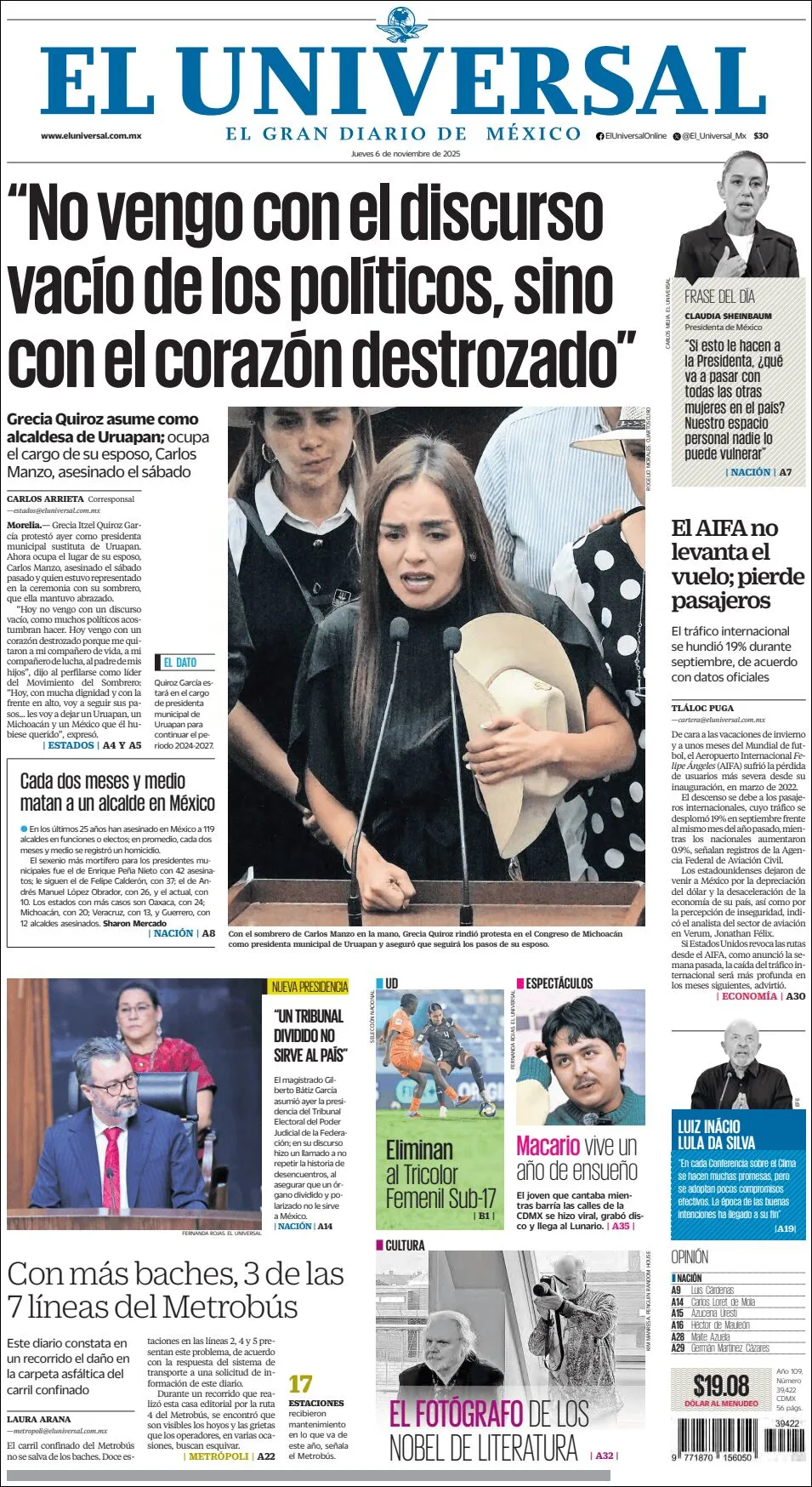 Portada de El Universal del jueves, 6 de noviembre de 2025