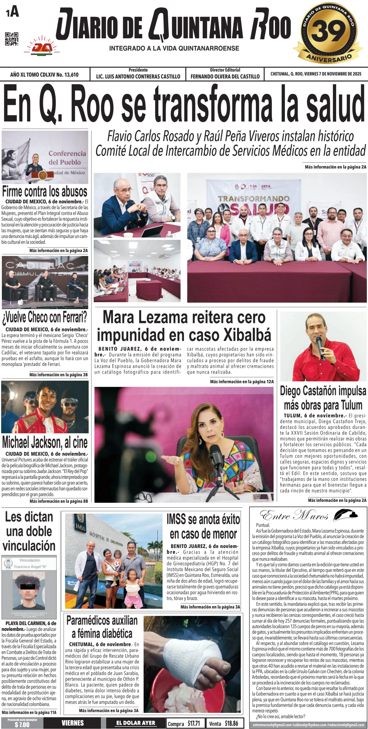 Portada de Diario de Quintana Roo (portada) del viernes, 7 de noviembre de 2025
