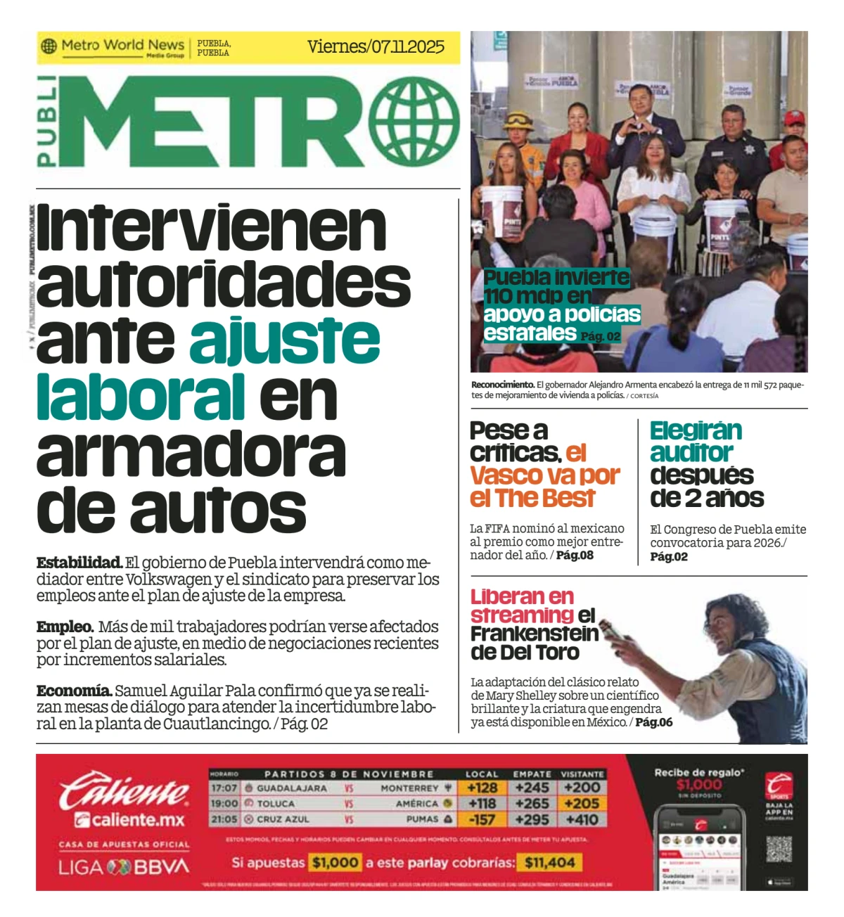 Portada de Publimetro Puebla del viernes, 7 de noviembre de 2025