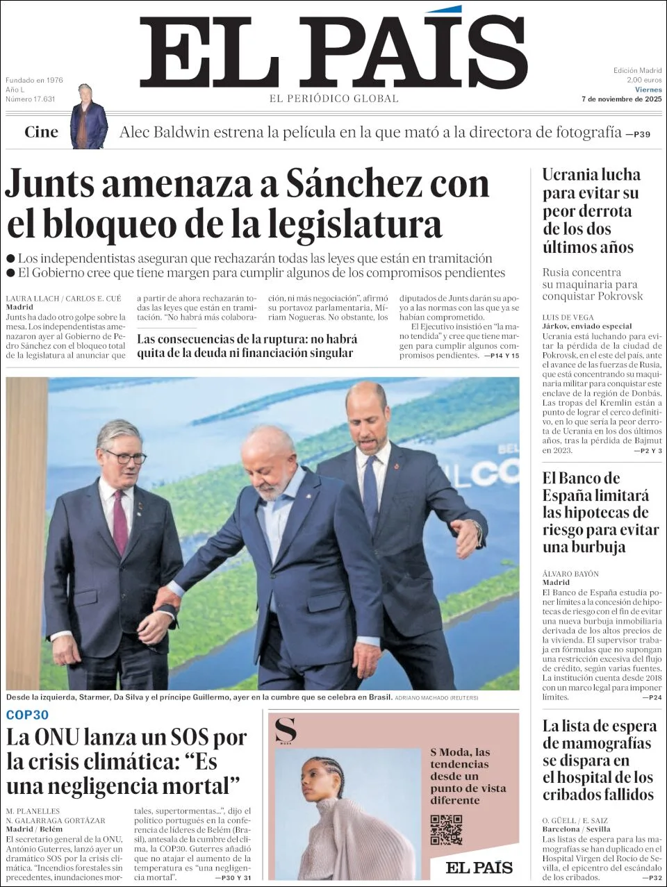 Portada de El Pais del viernes, 7 de noviembre de 2025