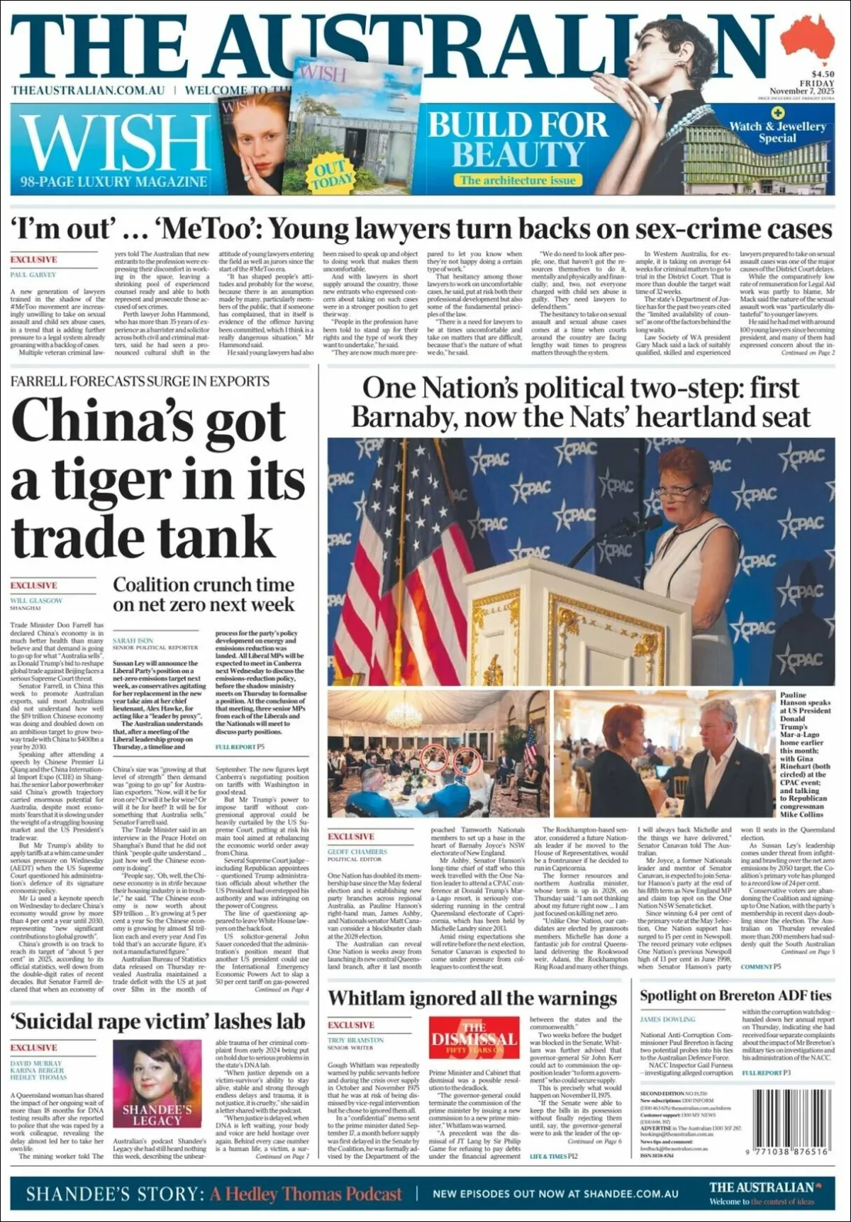 Portada de The Australian del viernes, 7 de noviembre de 2025