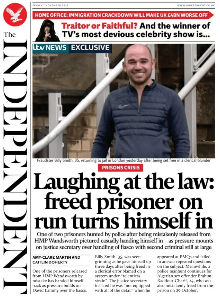 Portada de The Independent del viernes, 7 de noviembre de 2025