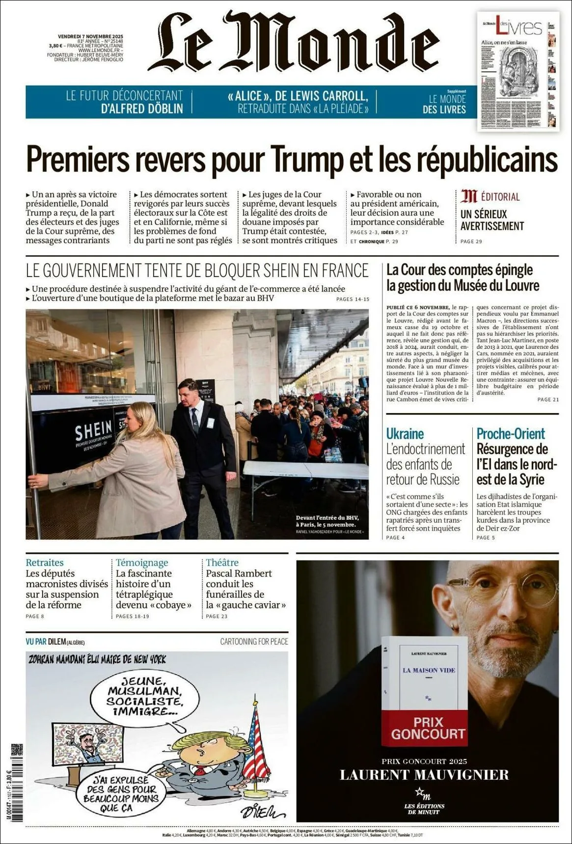 Portada de Le Monde del viernes, 7 de noviembre de 2025