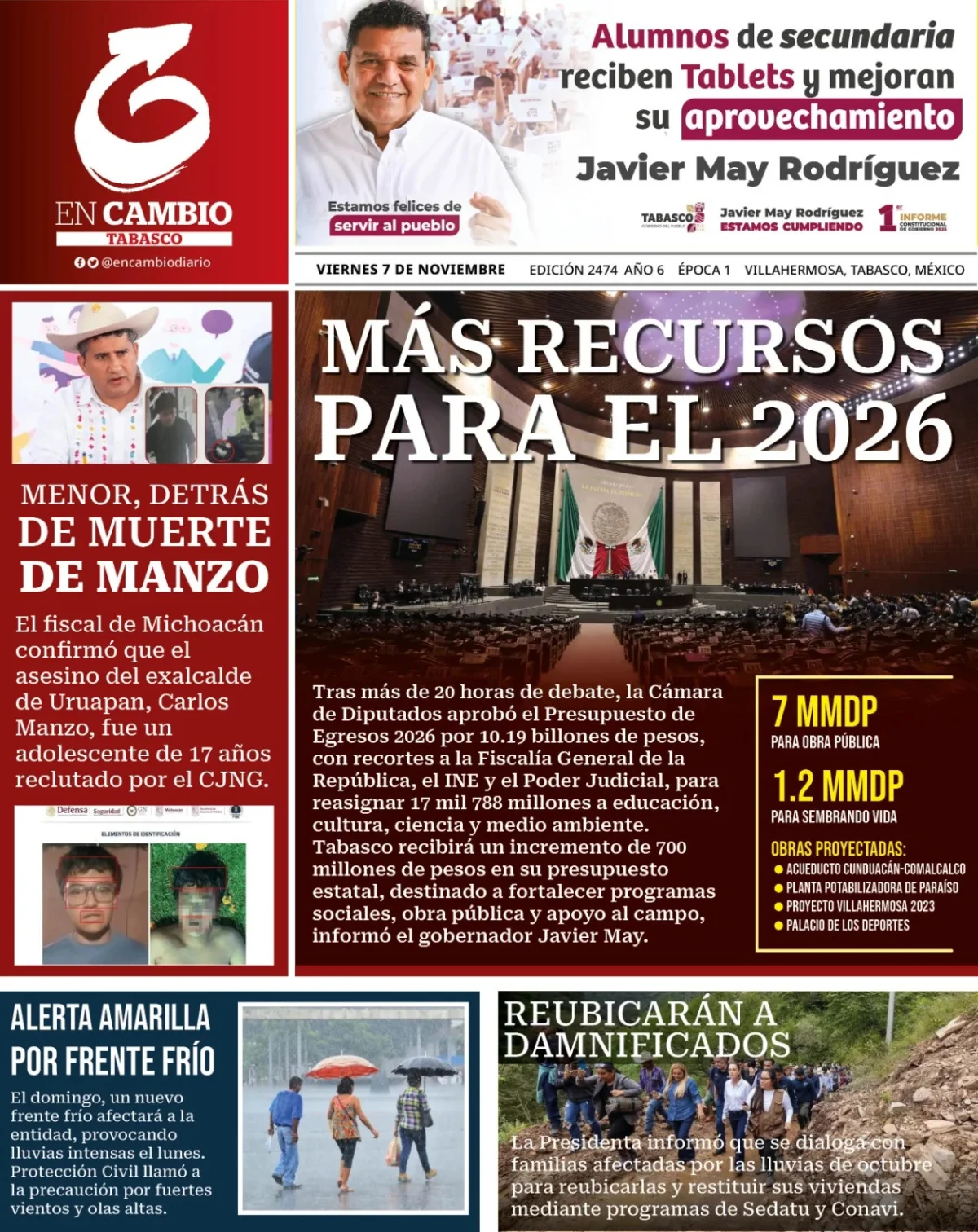 Portada de En Cambio - Tabasco (portada) del viernes, 7 de noviembre de 2025