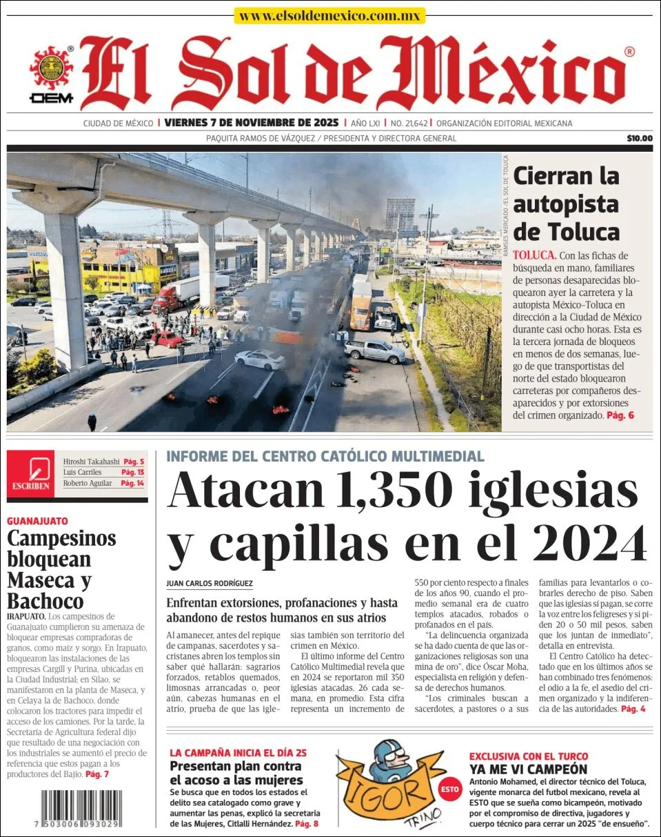 Portada de El Sol de Mexico del viernes, 7 de noviembre de 2025