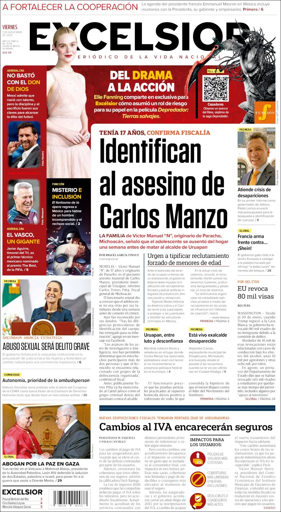 Portada de Excelsior del viernes, 7 de noviembre de 2025