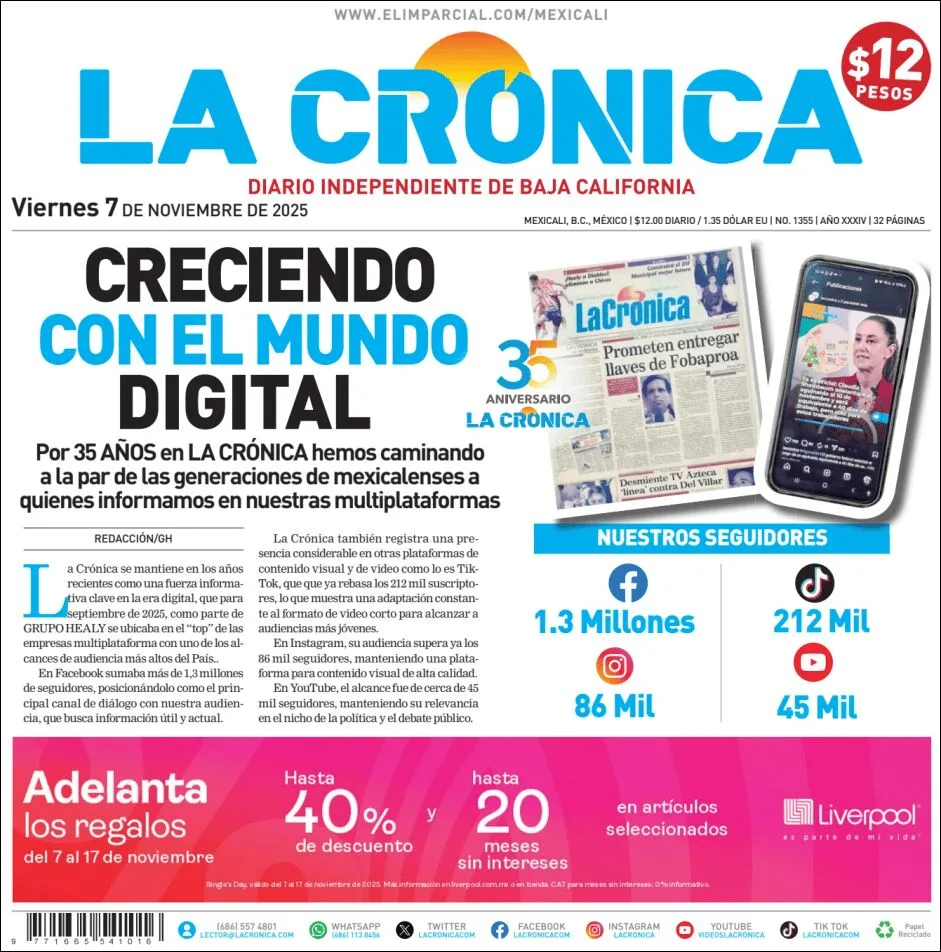 Portada de La Cronica del viernes, 7 de noviembre de 2025