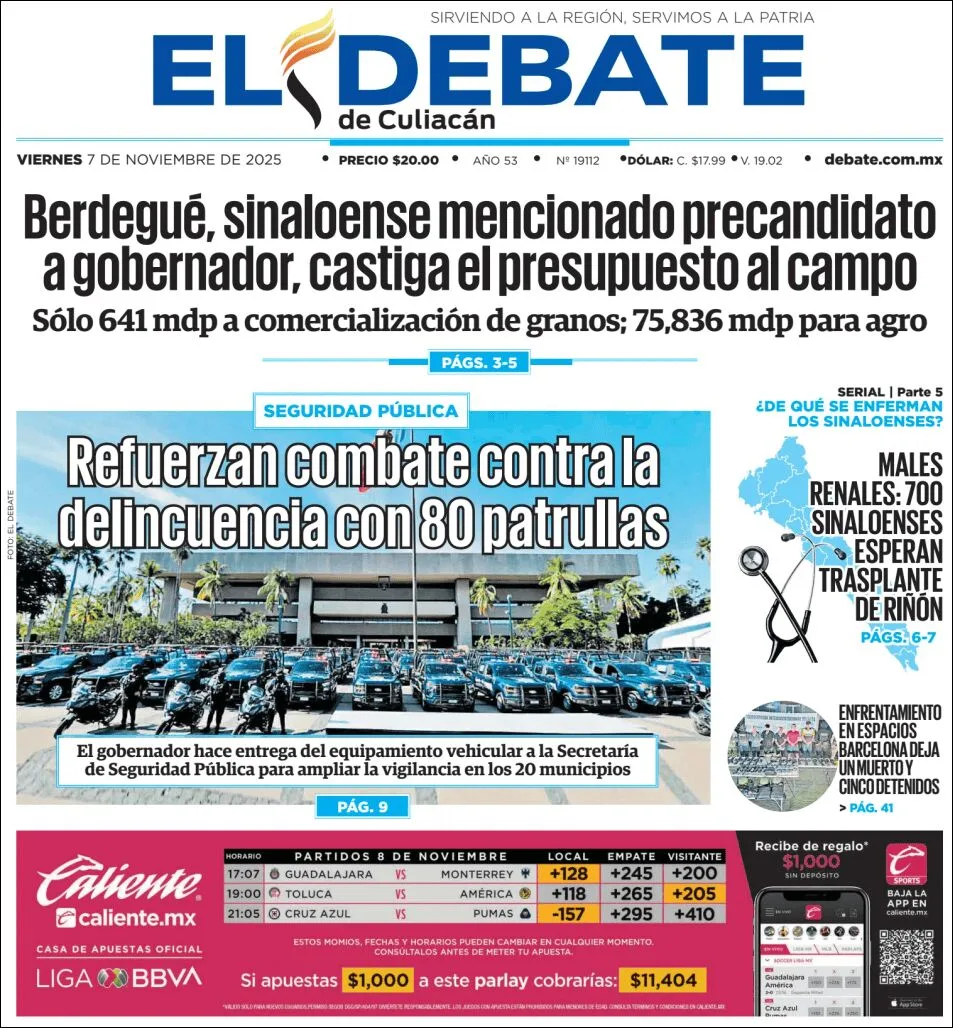 Portada de El Debate de Culiacan del viernes, 7 de noviembre de 2025