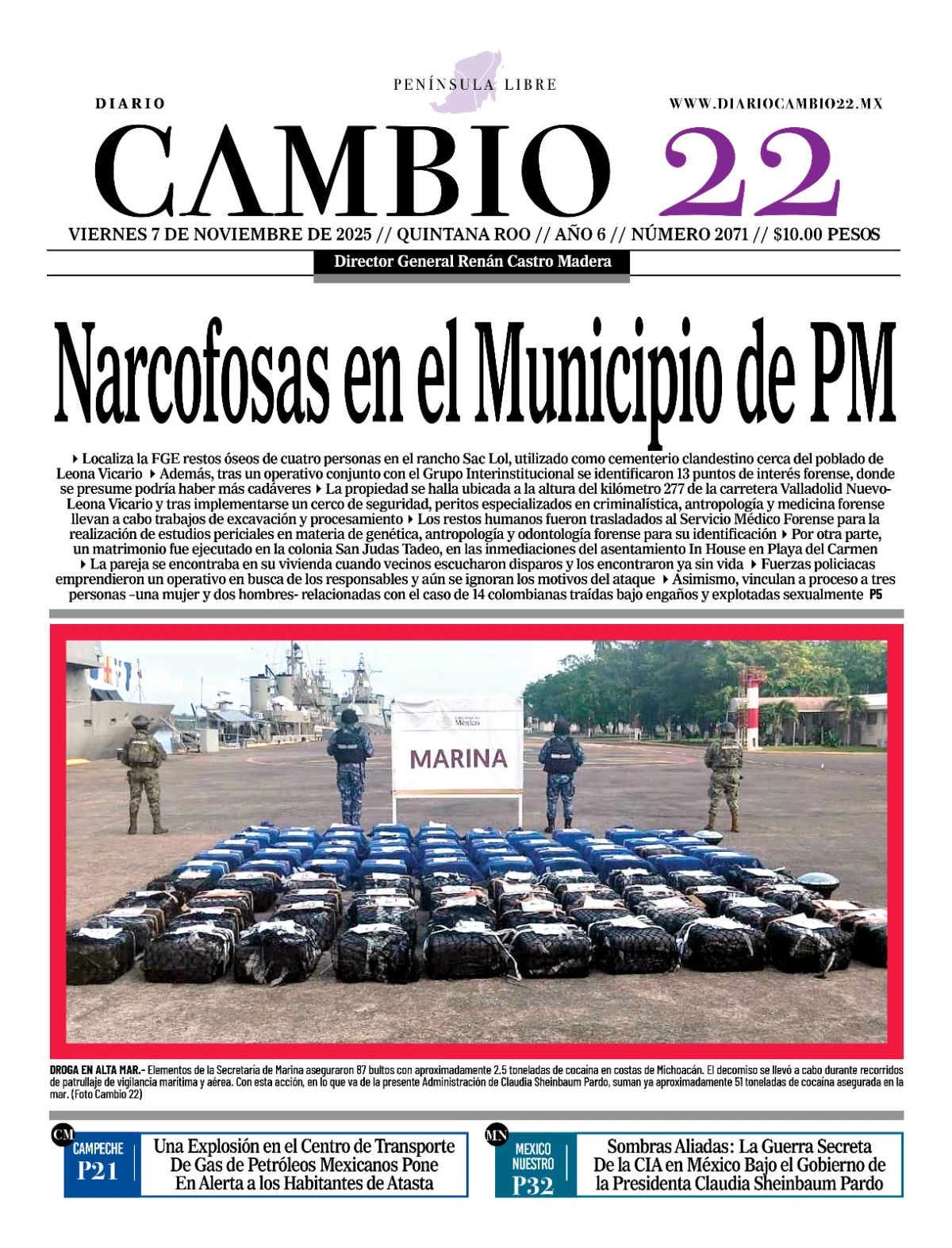 Portada de Diario Cambio 22 (contraportada) del viernes, 7 de noviembre de 2025