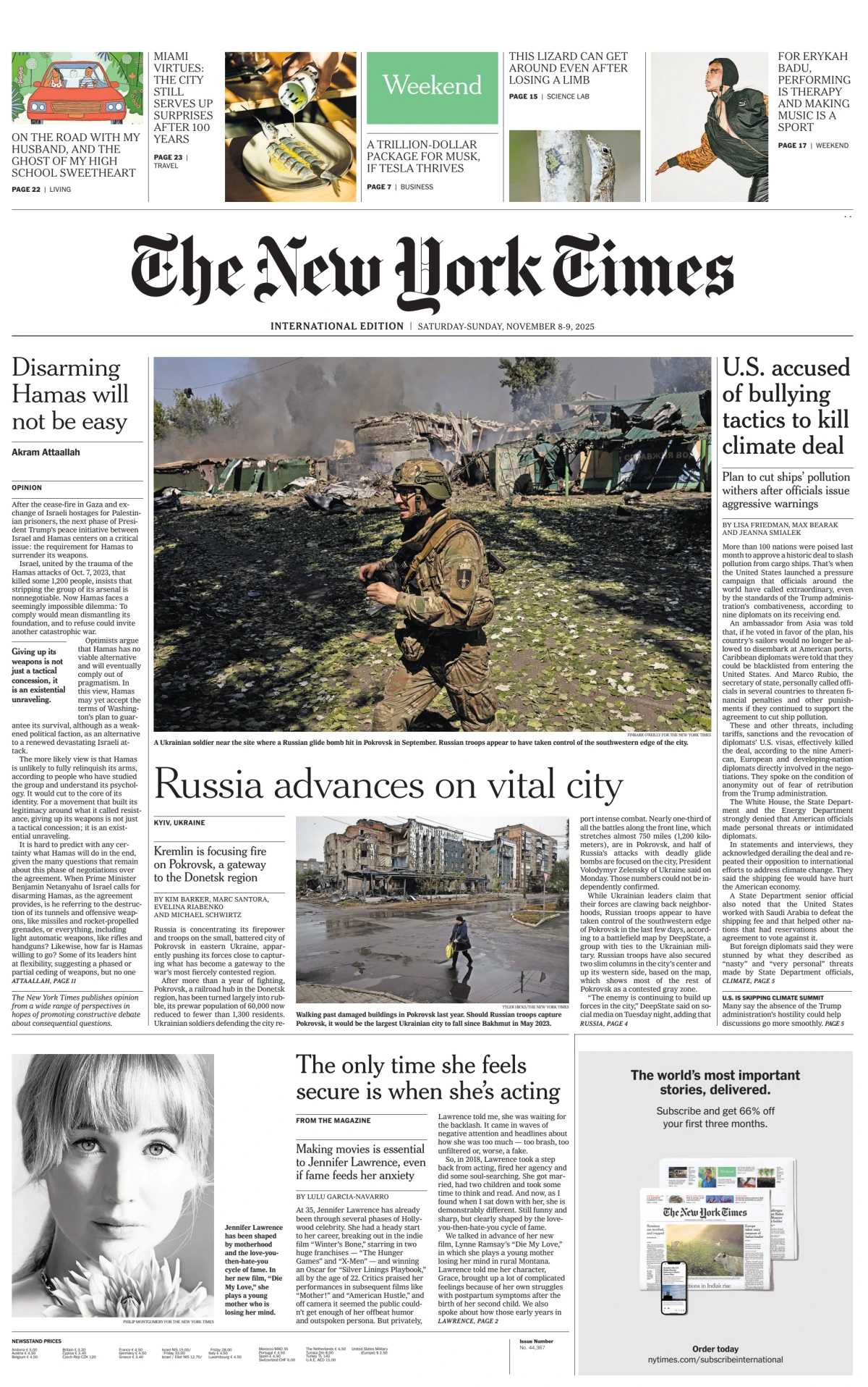 Portada de The New York Times (international) del sábado, 8 de noviembre de 2025