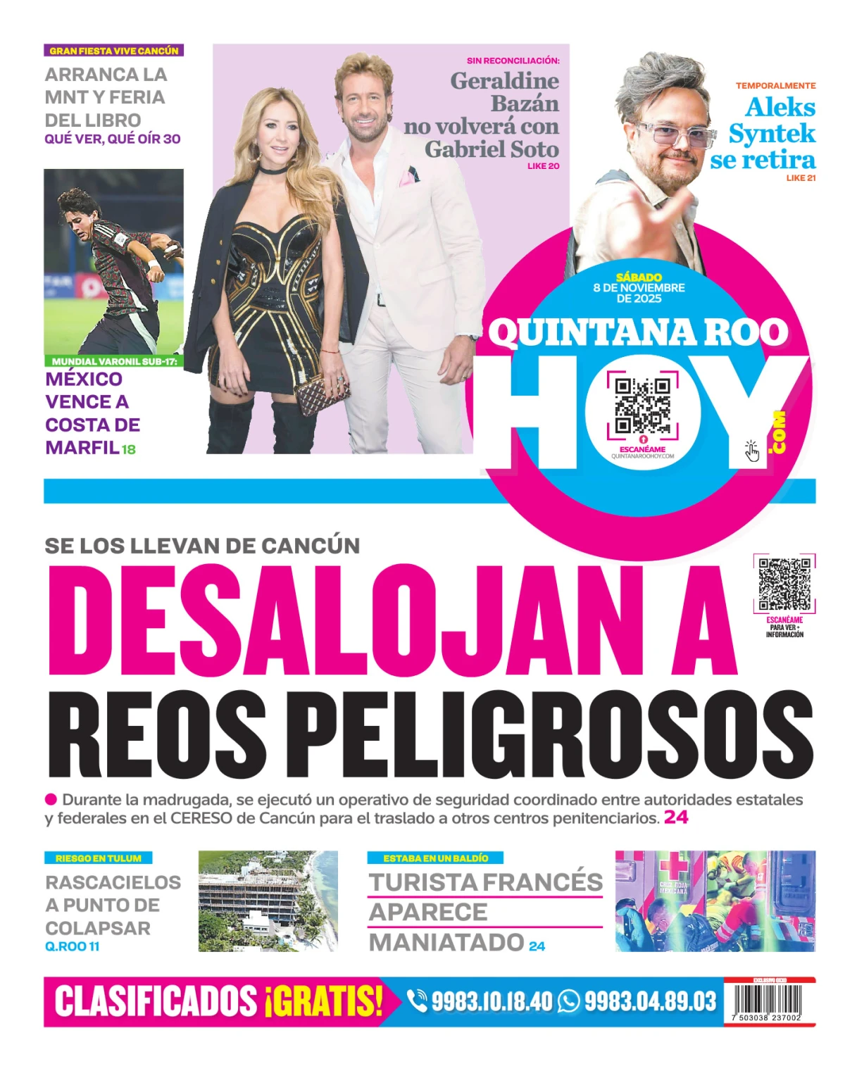 Portada de Quintana Roo Hoy (contraportada) del sábado, 8 de noviembre de 2025