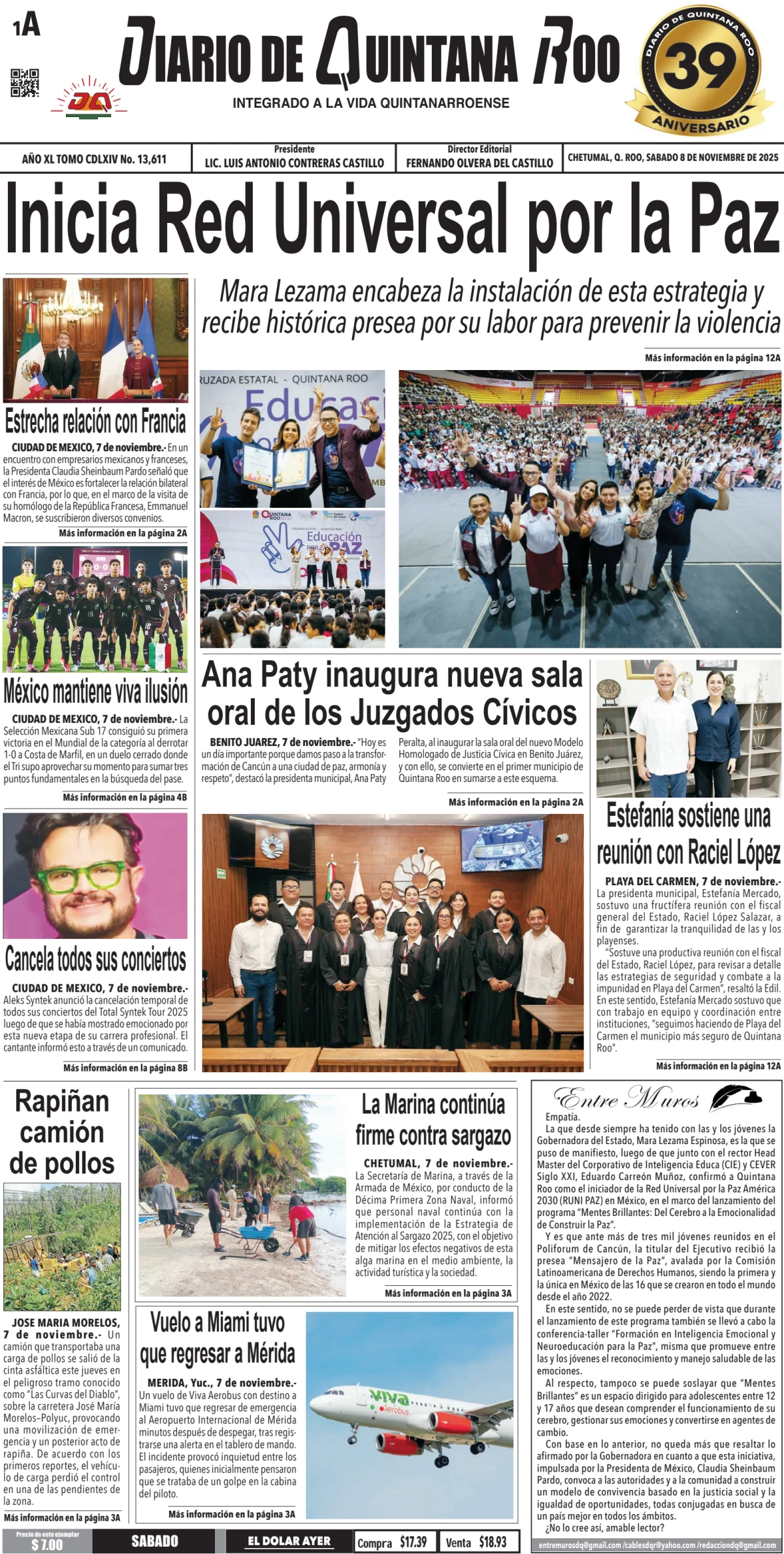 Portada de Diario de Quintana Roo (portada) del sábado, 8 de noviembre de 2025