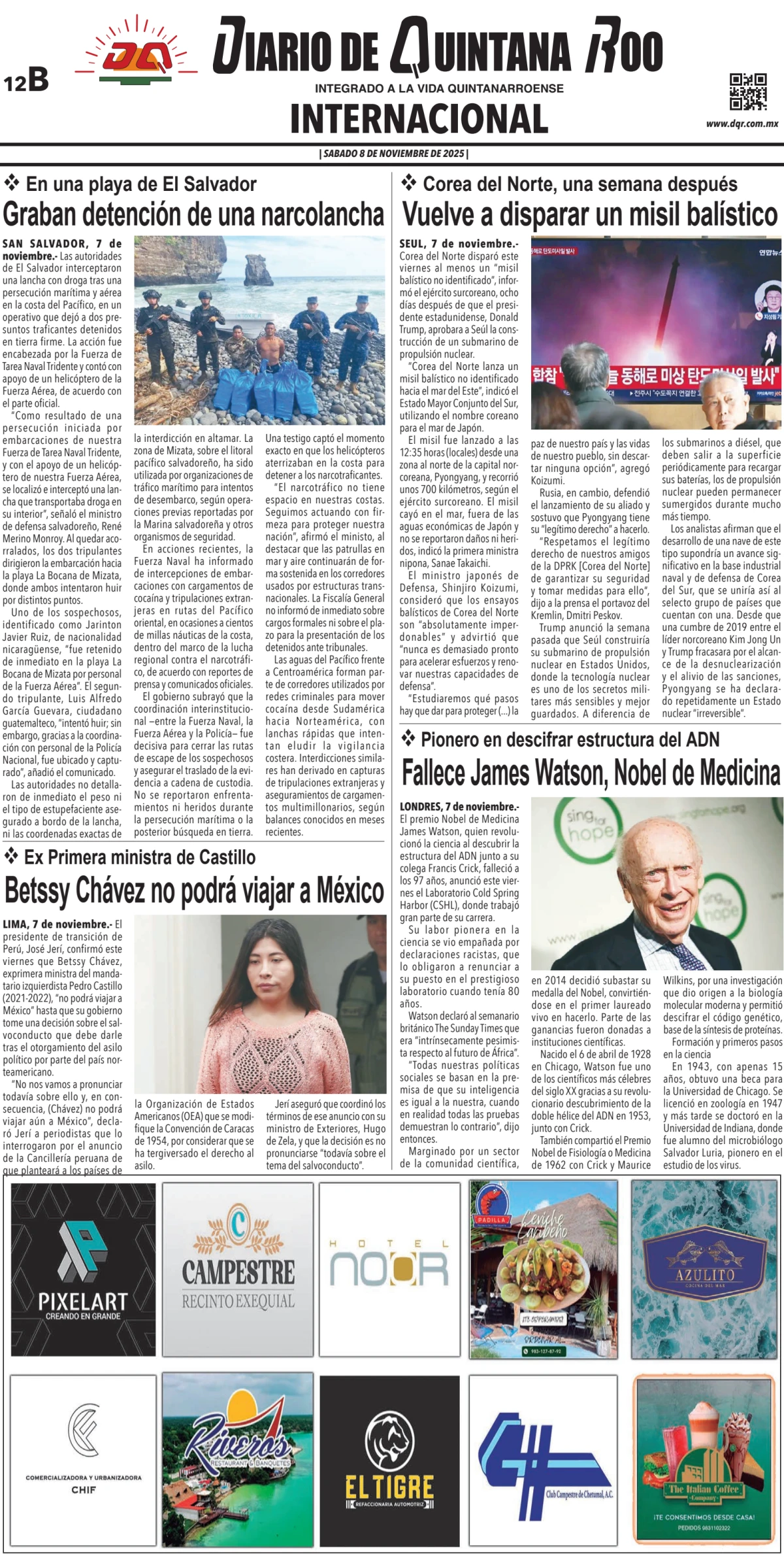 Portada de Diario de Quintana Roo (contra Portada) del sábado, 8 de noviembre de 2025