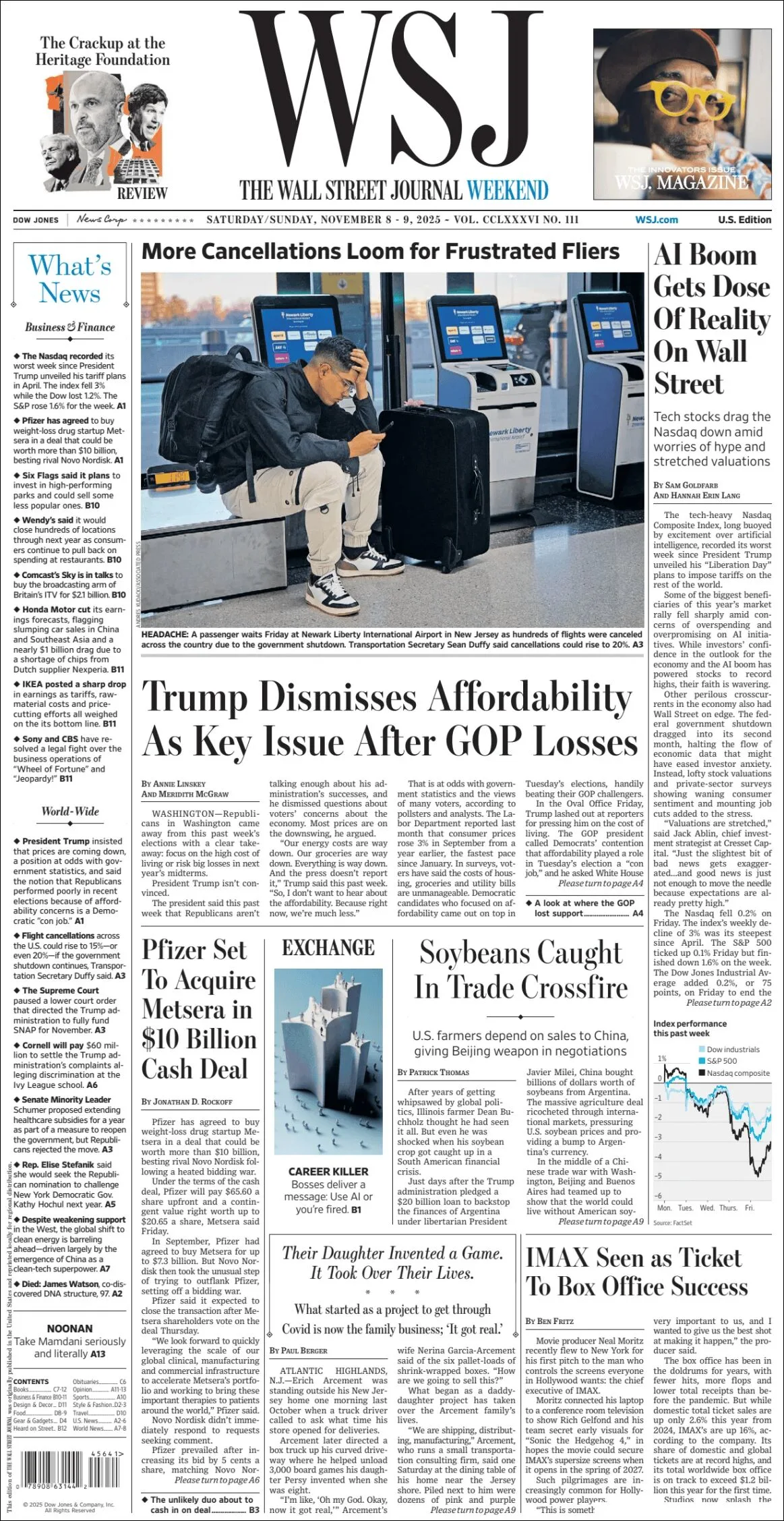 Portada de The Wall Street Journal del sábado, 8 de noviembre de 2025