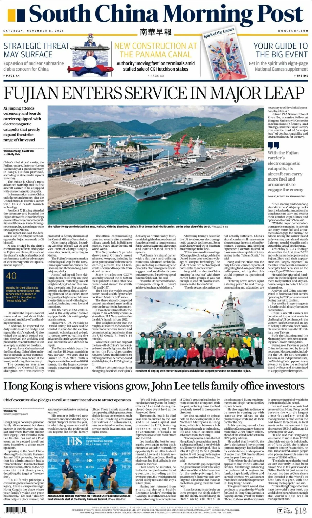 Portada de South China Morning Post del sábado, 8 de noviembre de 2025