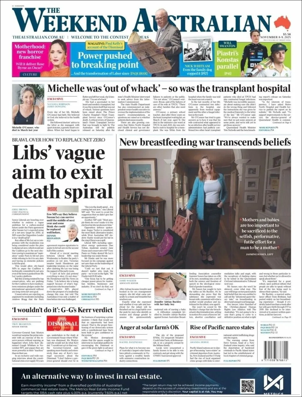 Portada de The Australian del sábado, 8 de noviembre de 2025