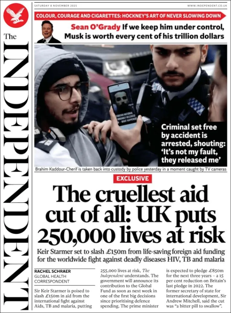 Portada de The Independent del sábado, 8 de noviembre de 2025