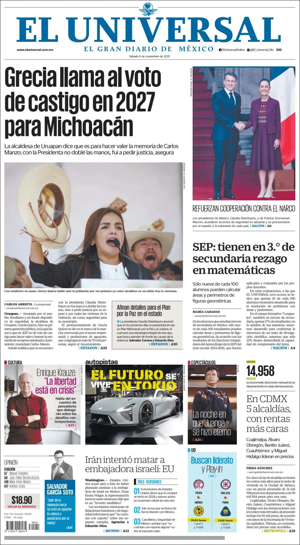 Portada de El Universal del sábado, 8 de noviembre de 2025