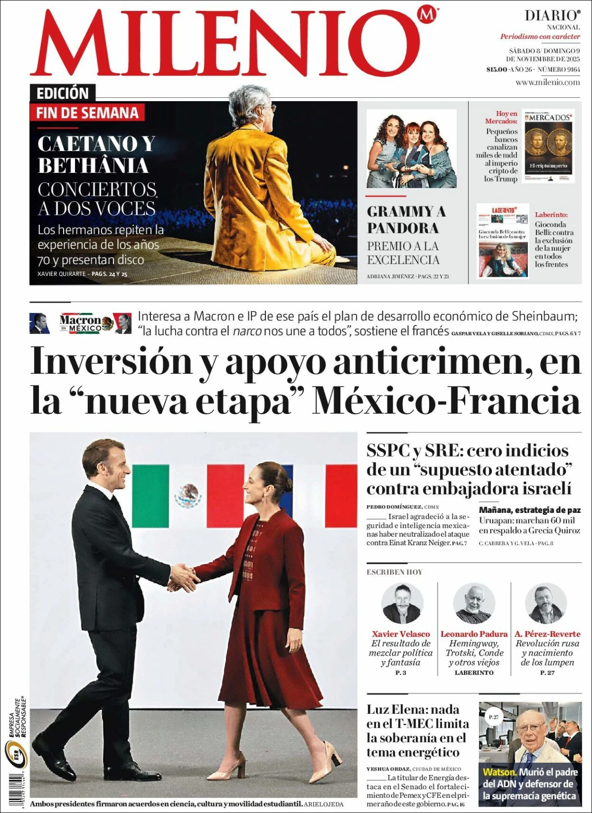 Portada de Milenio del sábado, 8 de noviembre de 2025