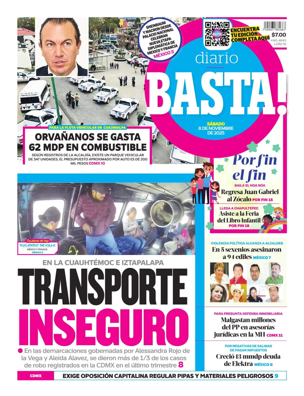 Portada de Basta! (portada) del sábado, 8 de noviembre de 2025