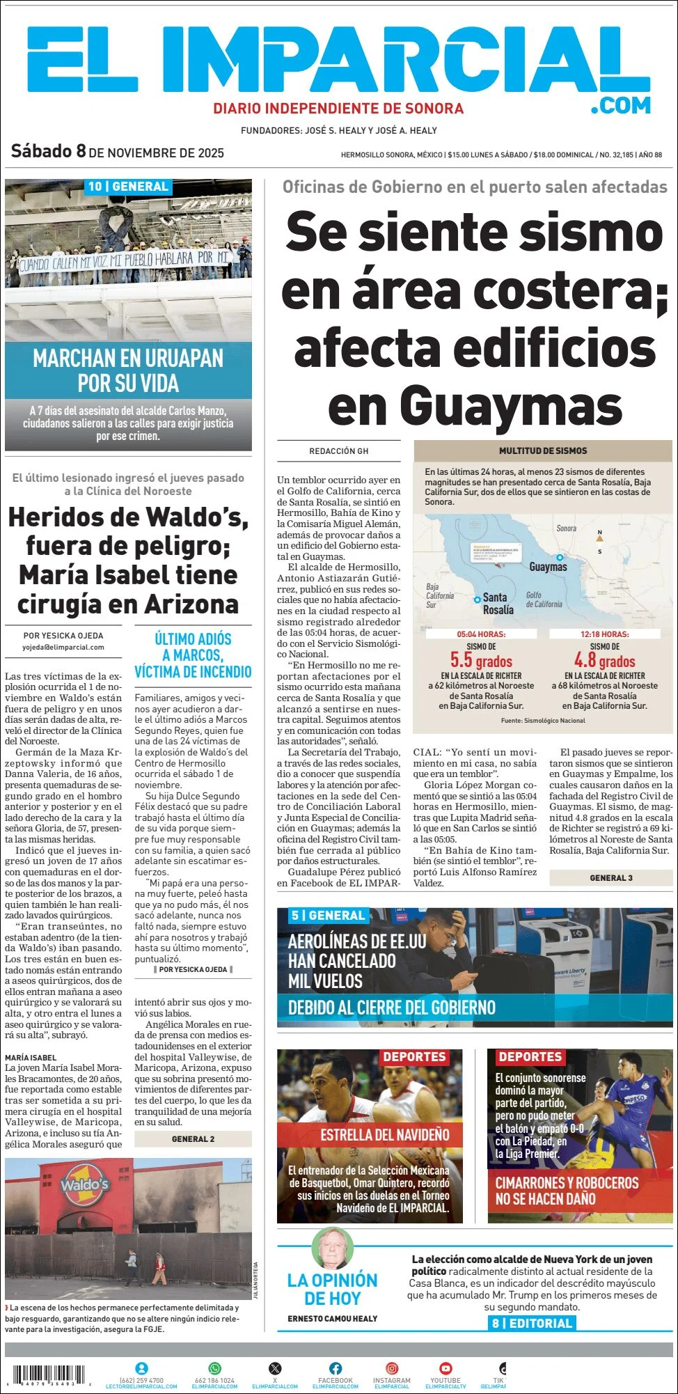 Portada de El Imparcial del sábado, 8 de noviembre de 2025