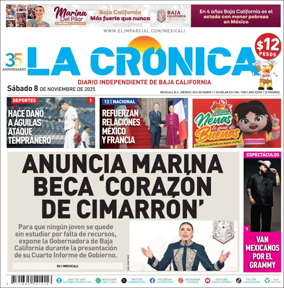 Portada de La Cronica del sábado, 8 de noviembre de 2025