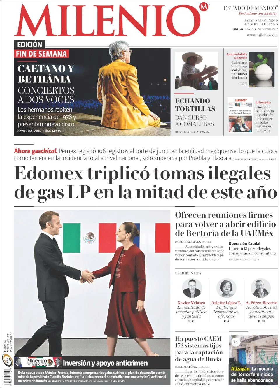 Portada de Milenio Edo de Mexico del sábado, 8 de noviembre de 2025