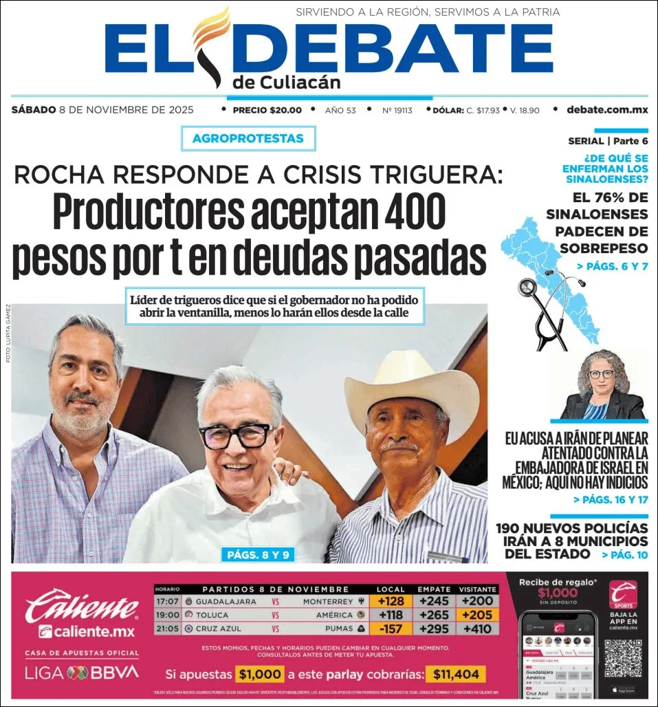 Portada de El Debate de Culiacan del sábado, 8 de noviembre de 2025