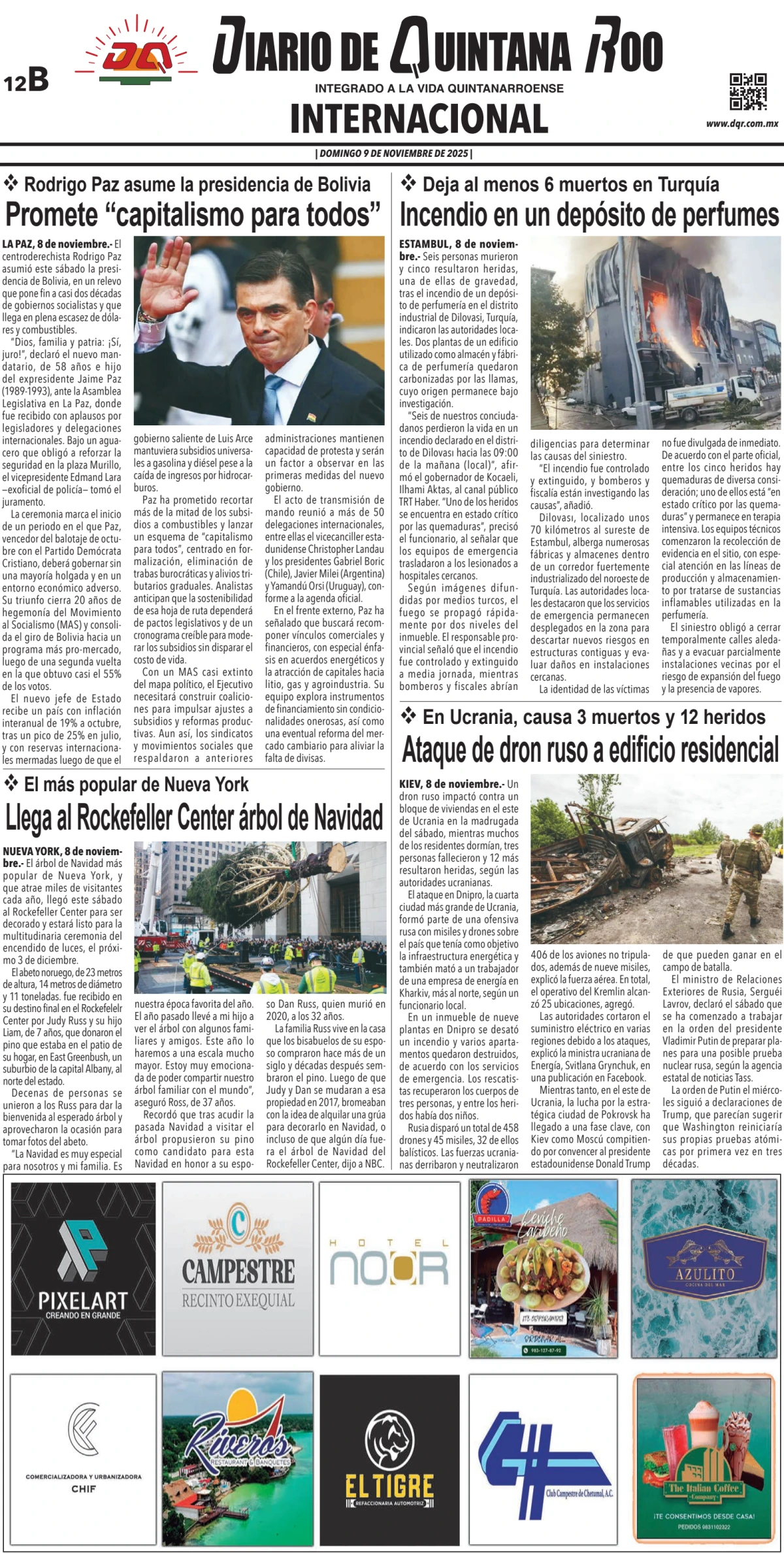 Portada de Diario de Quintana Roo (contra Portada) del domingo, 9 de noviembre de 2025