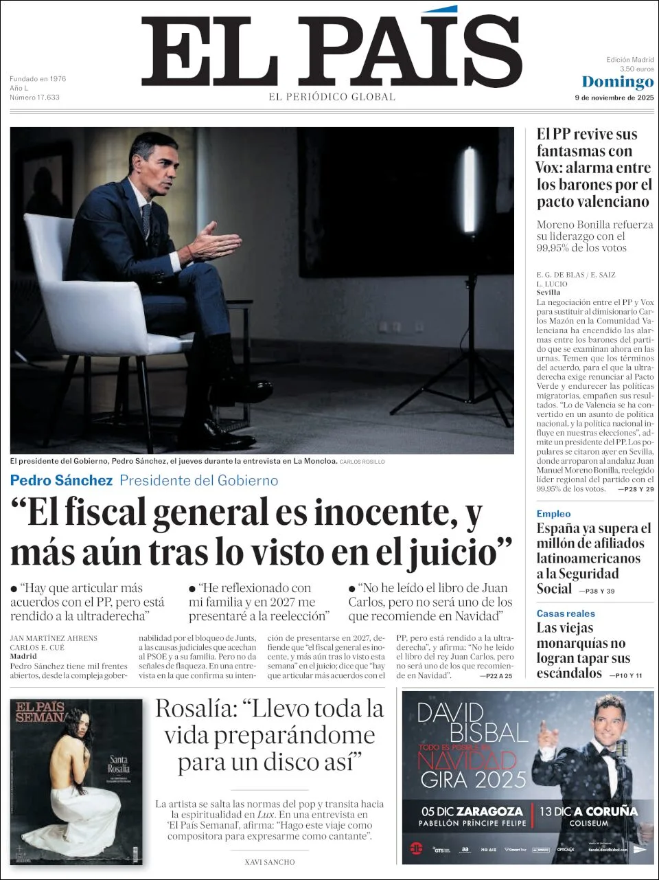 Portada de El Pais del domingo, 9 de noviembre de 2025