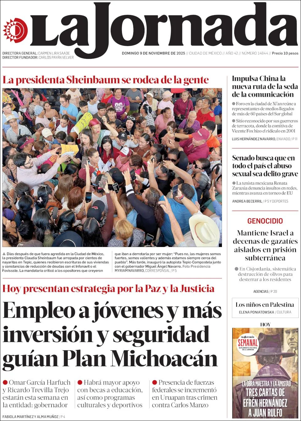 Portada de La Jornada del domingo, 9 de noviembre de 2025
