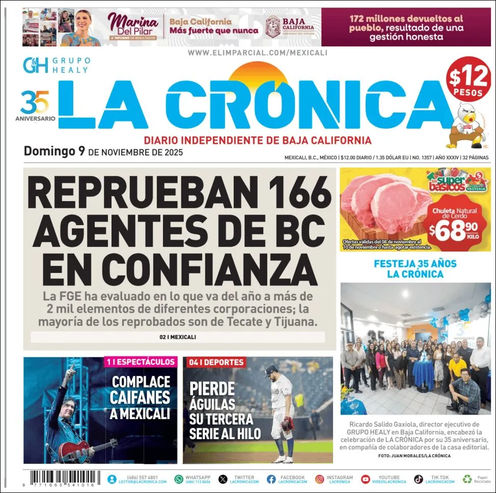 Portada de La Cronica del domingo, 9 de noviembre de 2025