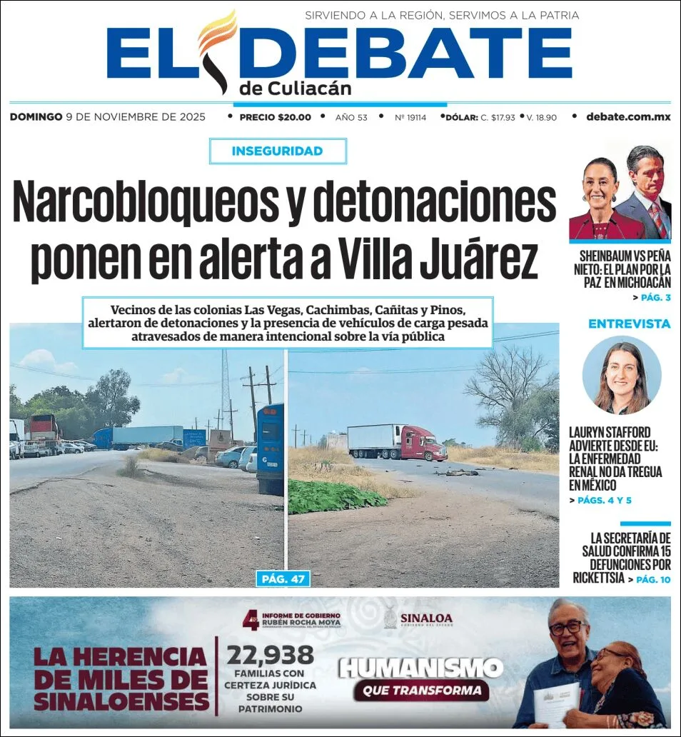 Portada de El Debate de Culiacan del domingo, 9 de noviembre de 2025
