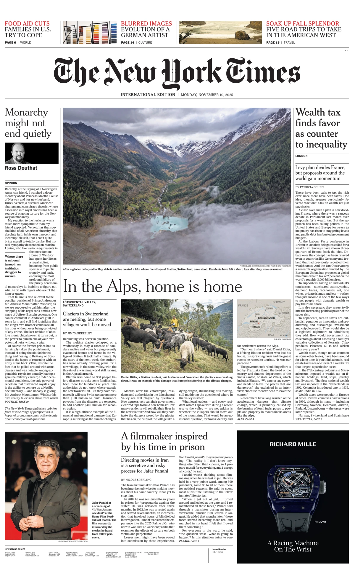 Portada de The New York Times (international) del lunes, 10 de noviembre de 2025