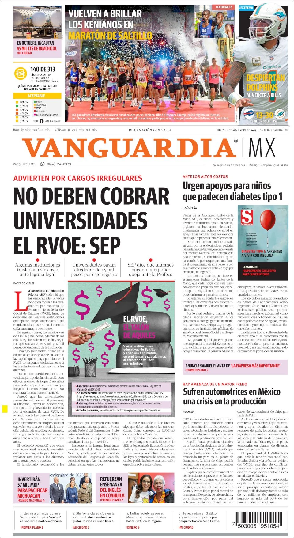 Portada de Vanguardia del lunes, 10 de noviembre de 2025