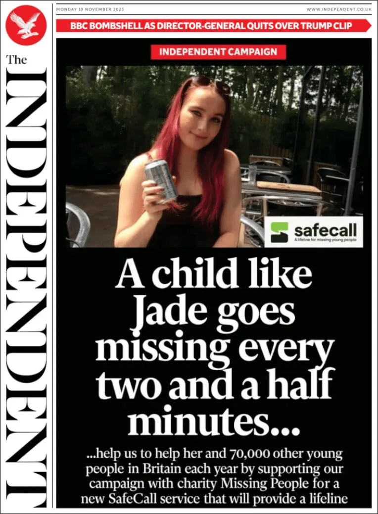 Portada de The Independent del lunes, 10 de noviembre de 2025